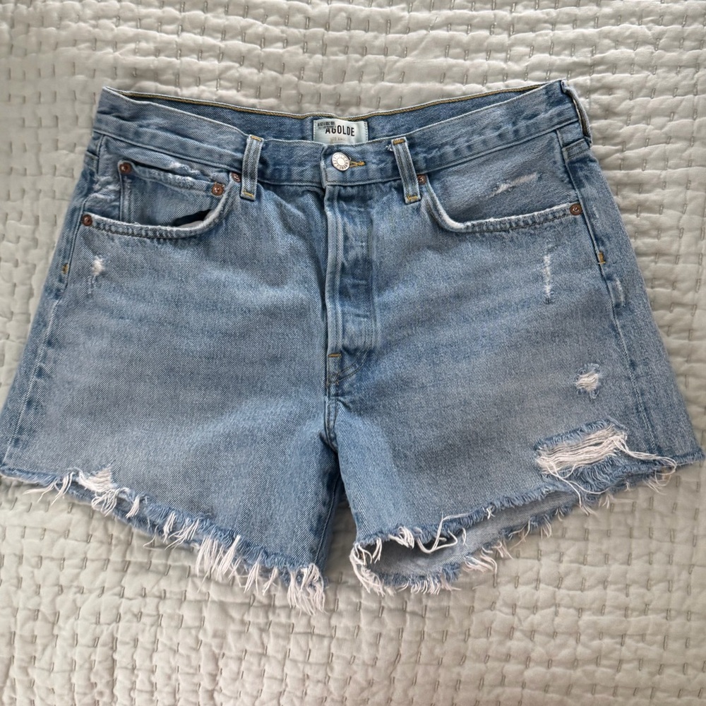 Agolde Light Blue Distressed Jean Shorts - Parker, long